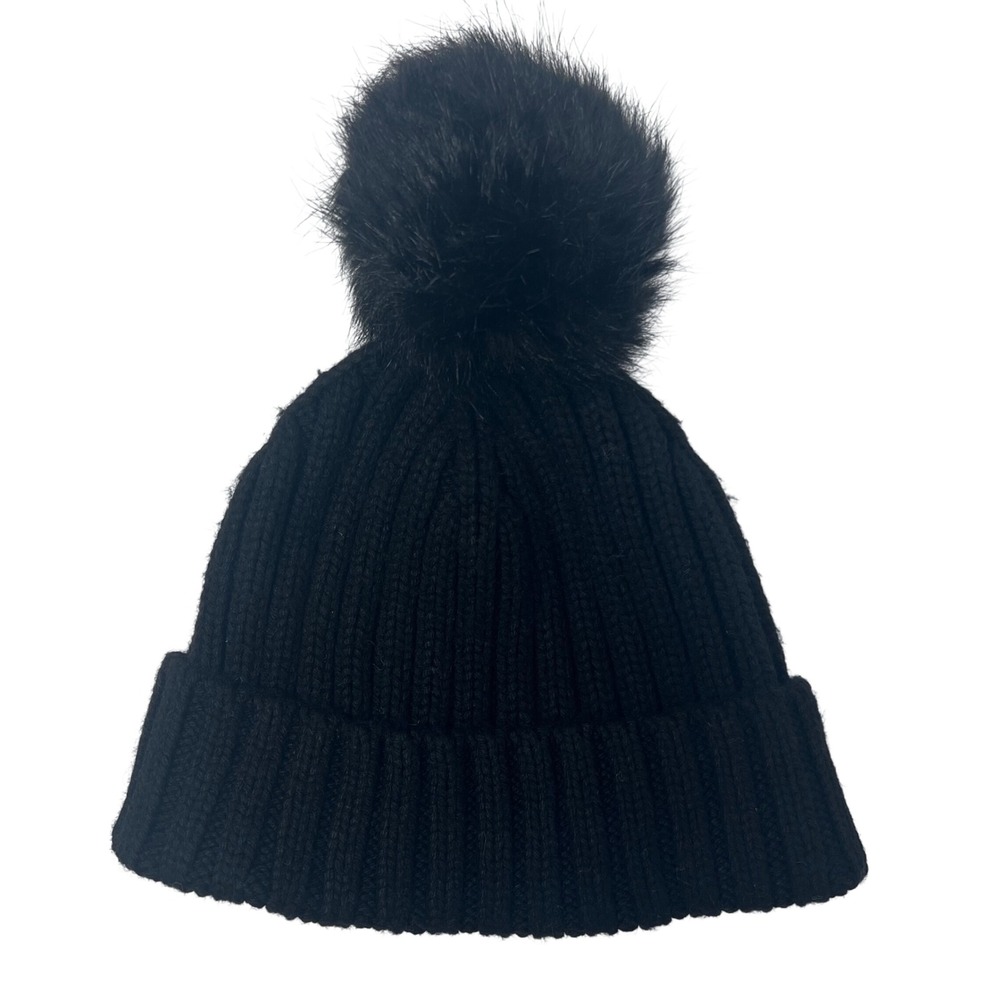J.Crew Black Ribbed Wool Blend Beanie NWT Faux Fur Pom New‎ Snow Ski Fall Winter